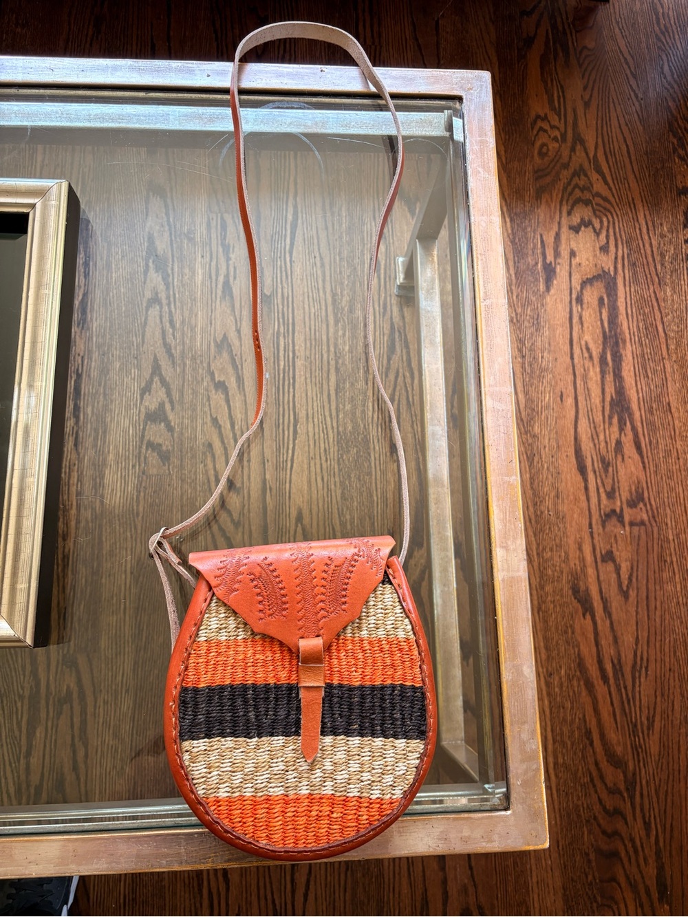 Woven Round Crossbody Bag - Orange, Black and Tan Stripe with Leather Trim